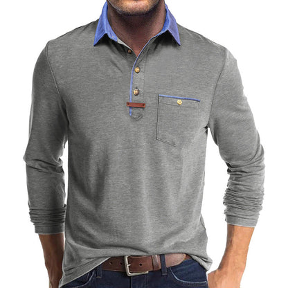 Herren Langarmshirt Mit Brusttasche Kontrastkragen Modern