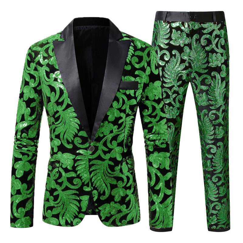 Eleganter Herren Smokingsanzug mit Pailletten und Blumenmuster