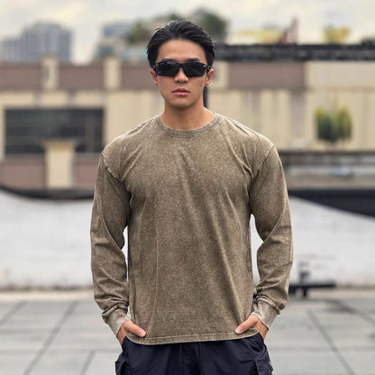 Herren Langarmshirt Weich Baumwolle Stone Wash Effekt