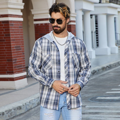 Herren Karo Bluse Lässig mit Kapuze und Brusttaschen