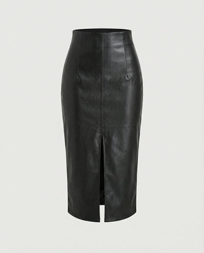 Kunstlederrock Damen Slim Fit mit Schlitz Schwarz