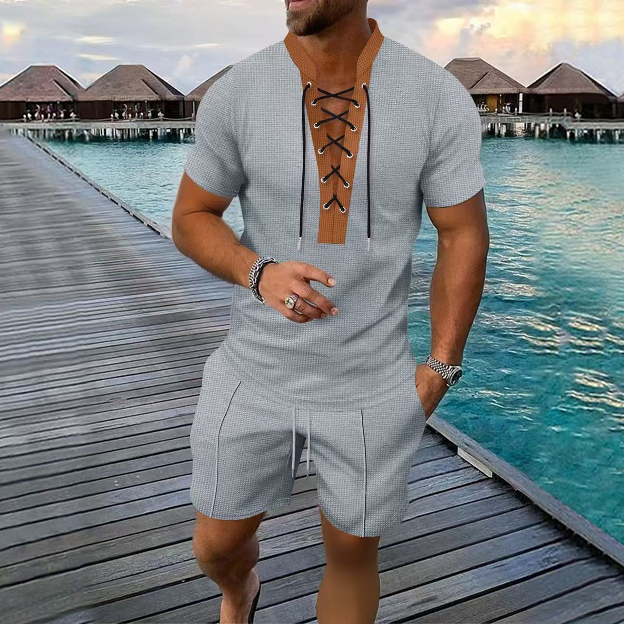 Herren Kurzarmhemd Modern Elastisch Schnürverschluss