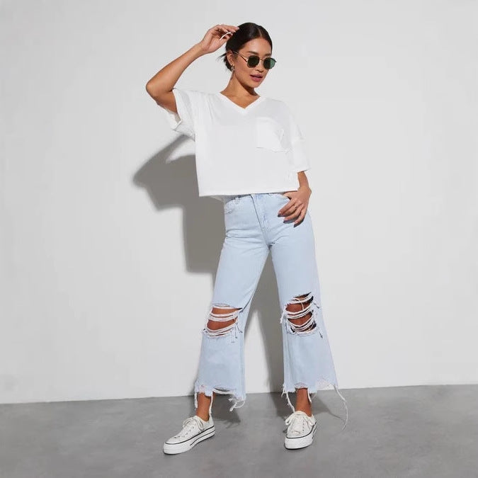 Damen Mom Jeans Ripped mit Rippen-Details Trendy