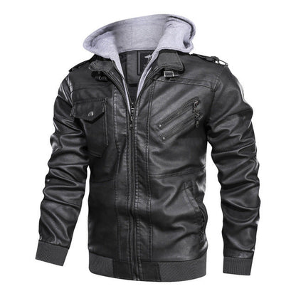 Lederjacke Herren Kunstleder Motorradjacke Reißverschluss Kapuze