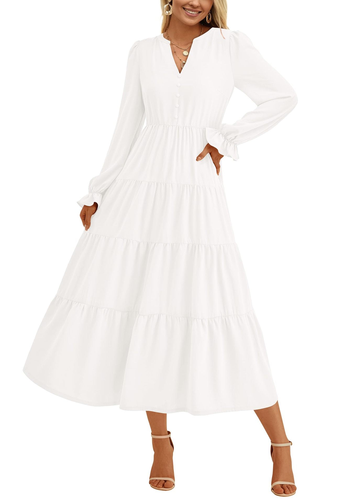 Damen Maxikleid Elegant Rüschendetails V-Ausschnitt Sommerkleid