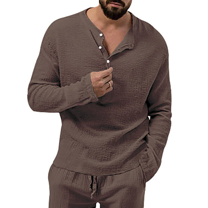 Herren Langarmshirt Waffel-Design Knopfleiste Modern