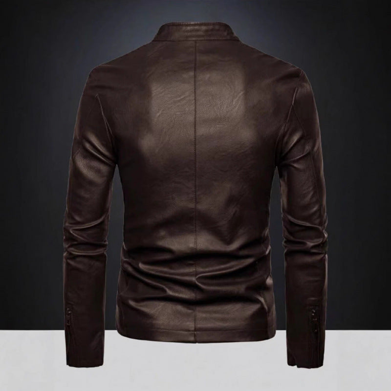 Herren Lederjacke Asymmetrisch Stehkragen Schwarz