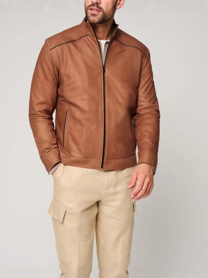 Lederjacke Herren Elegant Stehkragen Reißverschluss Taschen Schwarz