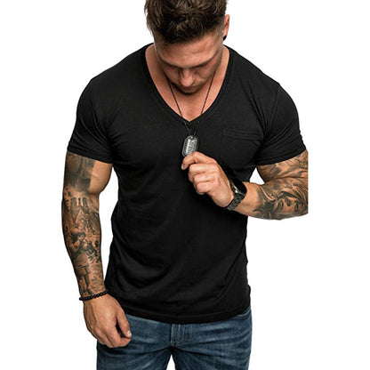 Herren T-Shirt V-Ausschnitt Weich Baumwolle Mit Brusttasche