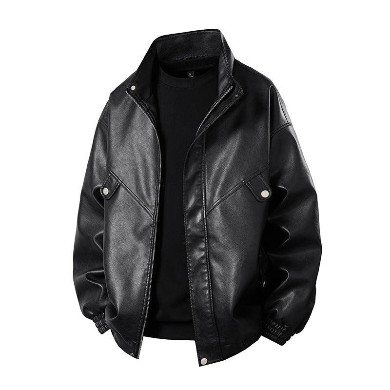 Herren Lederjacke Lässig Schwarzes Kunstleder Mit Taschen