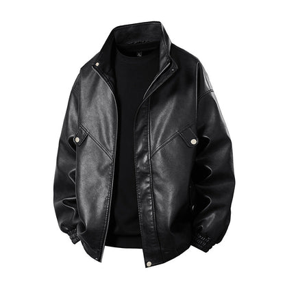 Herren Lederjacke Lässig Schwarzes Kunstleder Mit Taschen