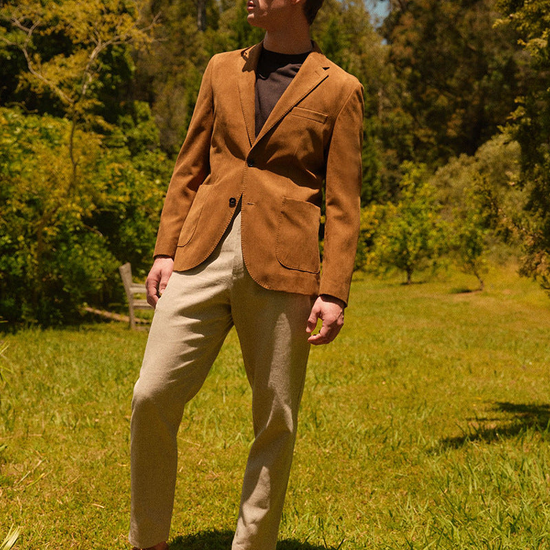 Herren Wildlederanzug Elegant Lederanzug mit Revers und Taschen