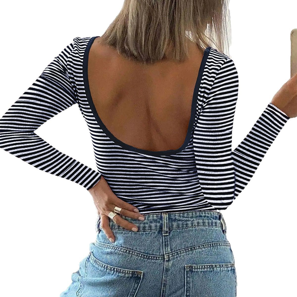 Damen Body Langarm Gestreift Elegant
