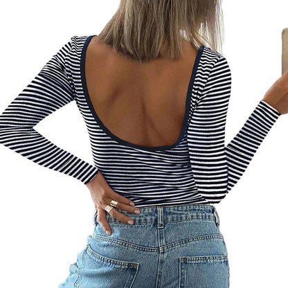 Damen Body Langarm Gestreift Elegant