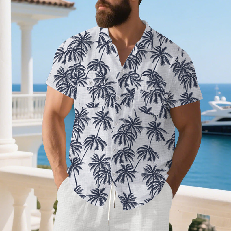 Herren-Hemd Kurzarm Tropen-Muster Bequem Sommer