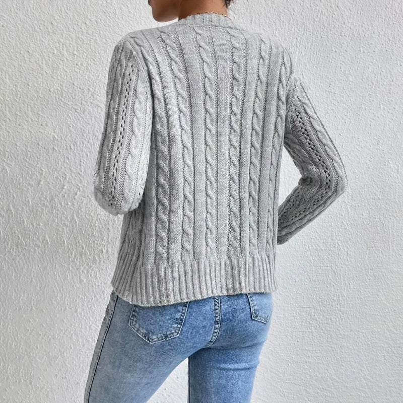 Damen Strickjacke Zopfmuster mit Knöpfen Grau