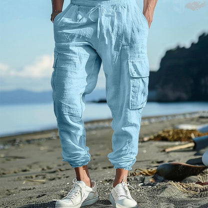Herren Leinenhose Bequem Elastisch Cargo Hose Sommer