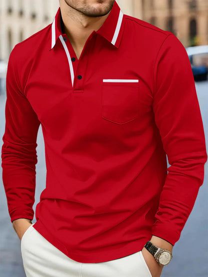 Herren Polohemd Langarm Modern Kontrastkragen Slimfit