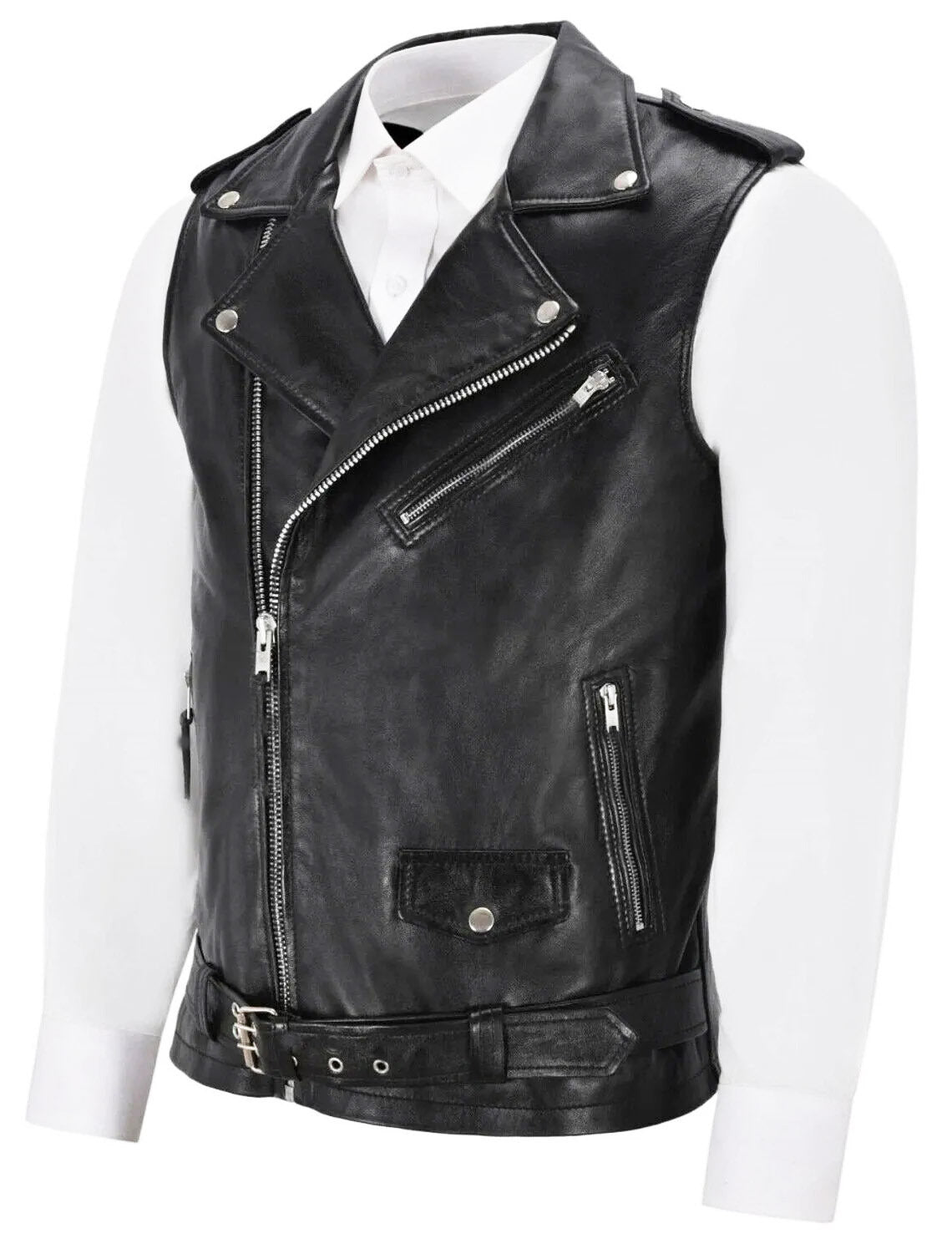 Lederweste Herren Biker Stil Asymmetrisch Mit Taschen