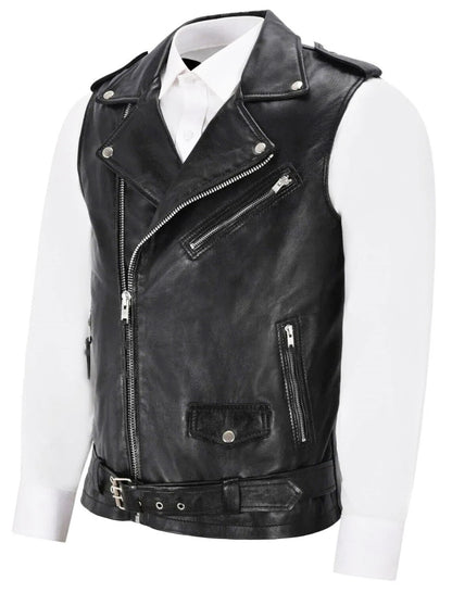 Lederweste Herren Biker Stil Asymmetrisch Mit Taschen