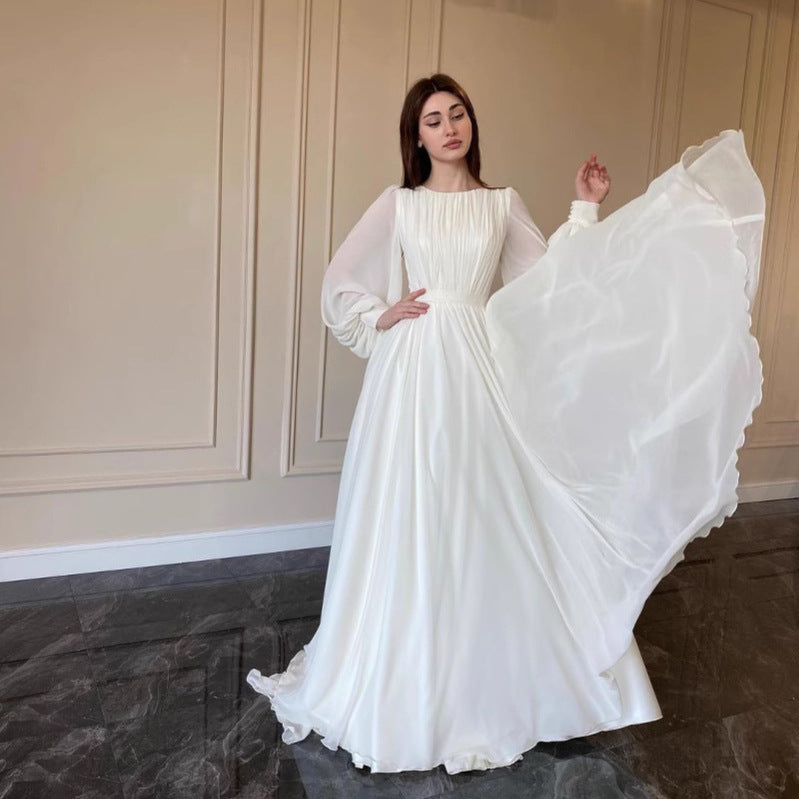 Hochzeitskleid Weißes Rundhalsausschnitt Lange Ärmel Durchsichtig