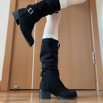 Damen Stiefel Elegante Blockabsatz Schnallenverschluss Schwarz