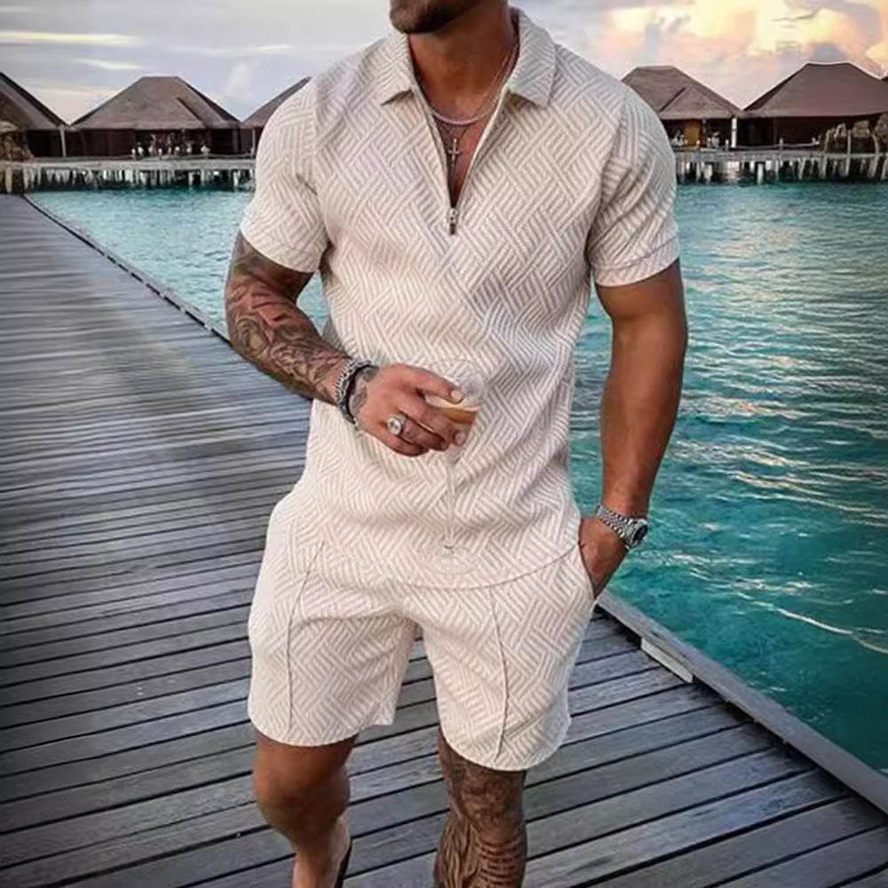 Herren Jumpsuit Kurzarm Modern Fein Strukturiert