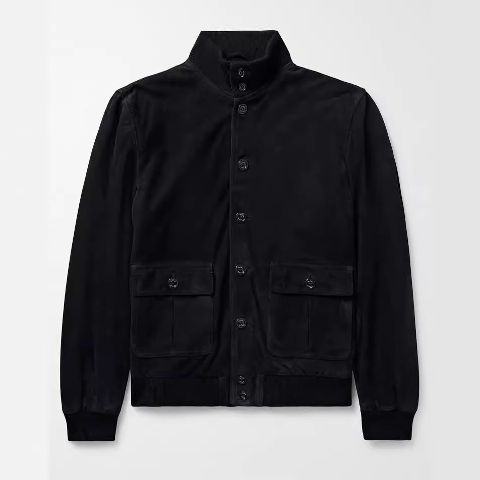 Herren Lederjacke Elegant mit Kragen und Taschen Schwarz Wildleder