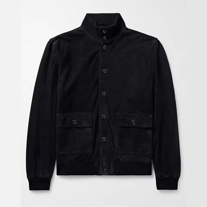Herren Lederjacke Elegant mit Kragen und Taschen Schwarz Wildleder