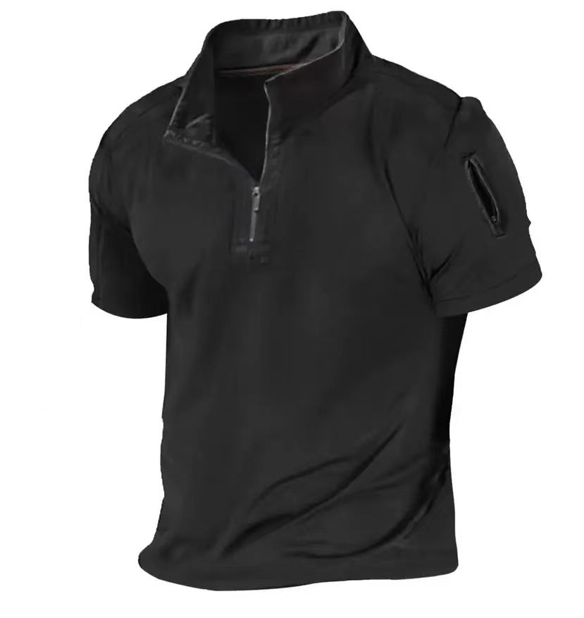 Herren T-Shirt Kurzarm Stehkragen Reißverschluss Tasche Modern
