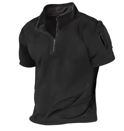 Herren T-Shirt Kurzarm Stehkragen Reißverschluss Tasche Modern