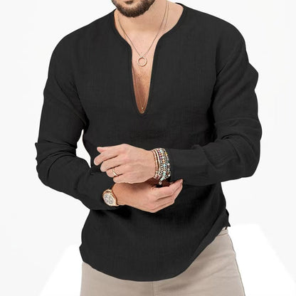 Herren Leinenbluse Leicht V-Ausschnitt Sommer