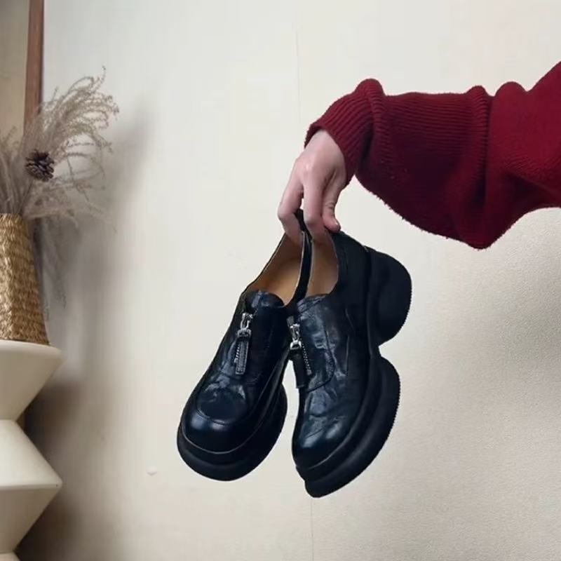 Damen Sneaker Leder Chunky Schuhe Reißverschluss Schwarz