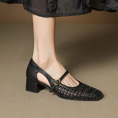 Damen Pumps Elegante Mary Jane Schuhe mit Geflecht Blockabsatz