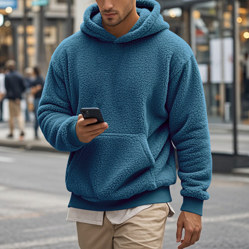 Herren Hoodie Kuschelig Teddy Fleece Kapuze Mit Kängurutasche
