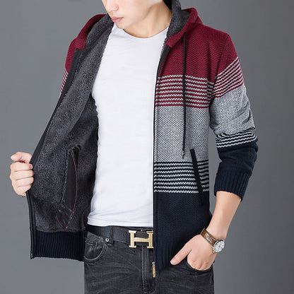Herren Strickjacke Kapuze Modern Blockstreifen Trendig