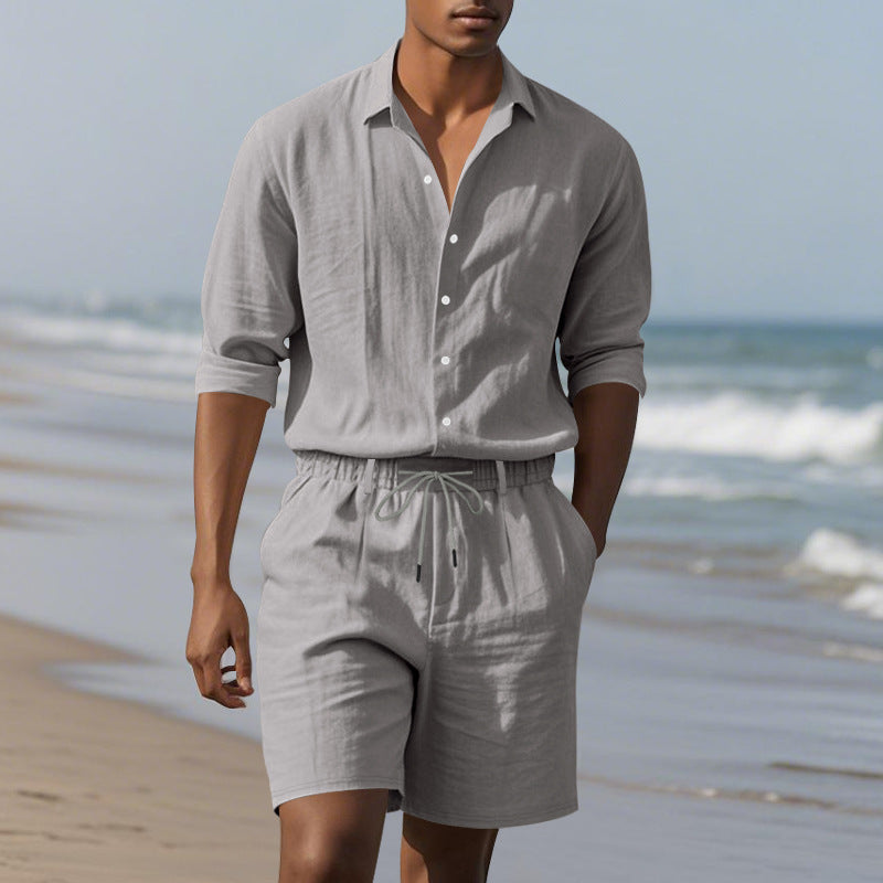Herren Leinenhemd mit Henley Kragen und Brusttasche Sommer