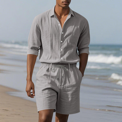 Herren Leinenhemd mit Henley Kragen und Brusttasche Sommer