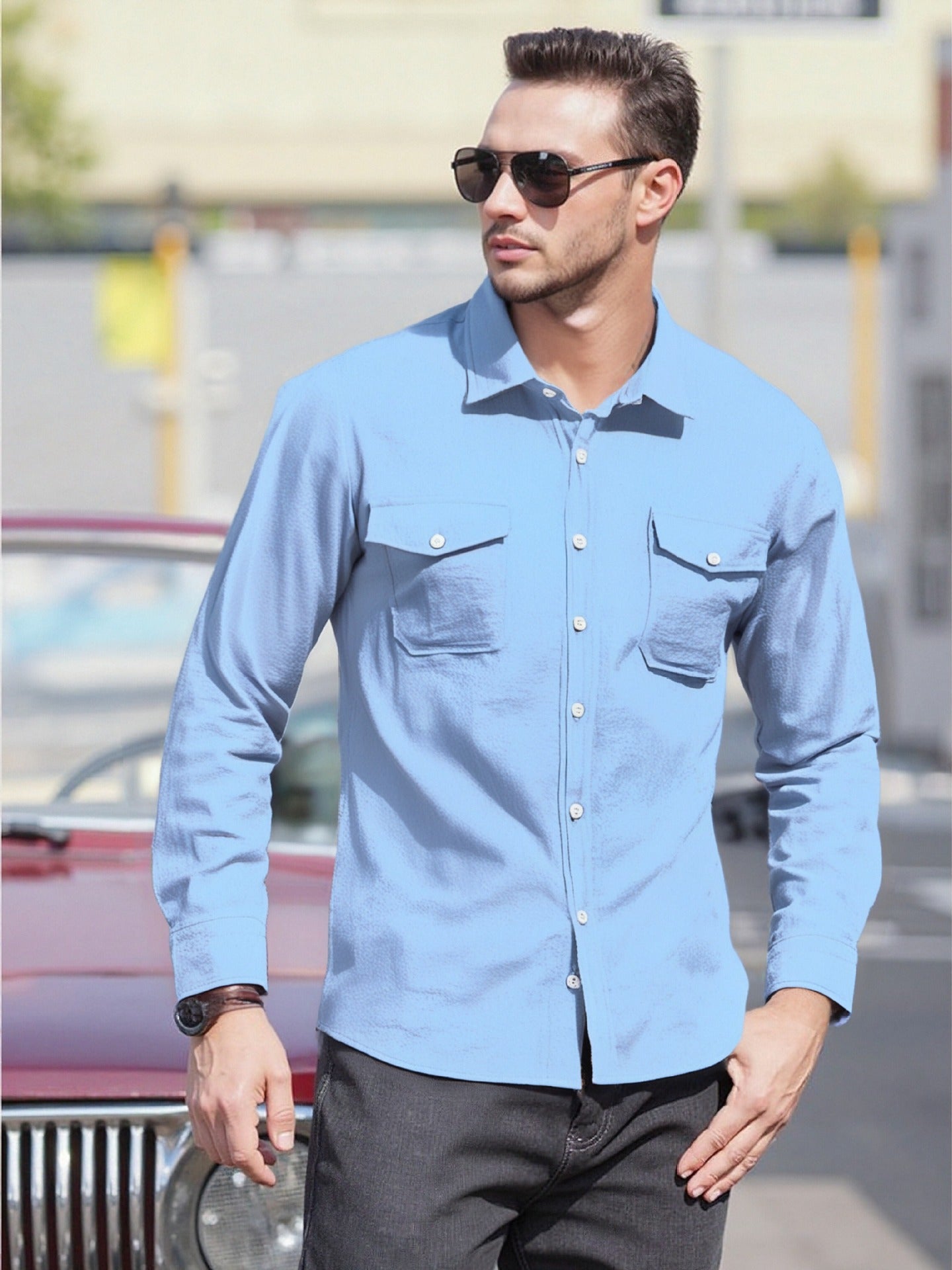 Herren Langarmhemd Modern mit Brusttaschen und Bequemem Schnitt