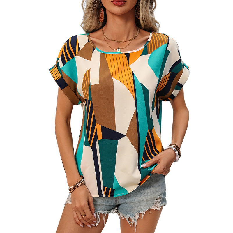 Damen Top Kurzarm Geometrisches Muster Modern Stil