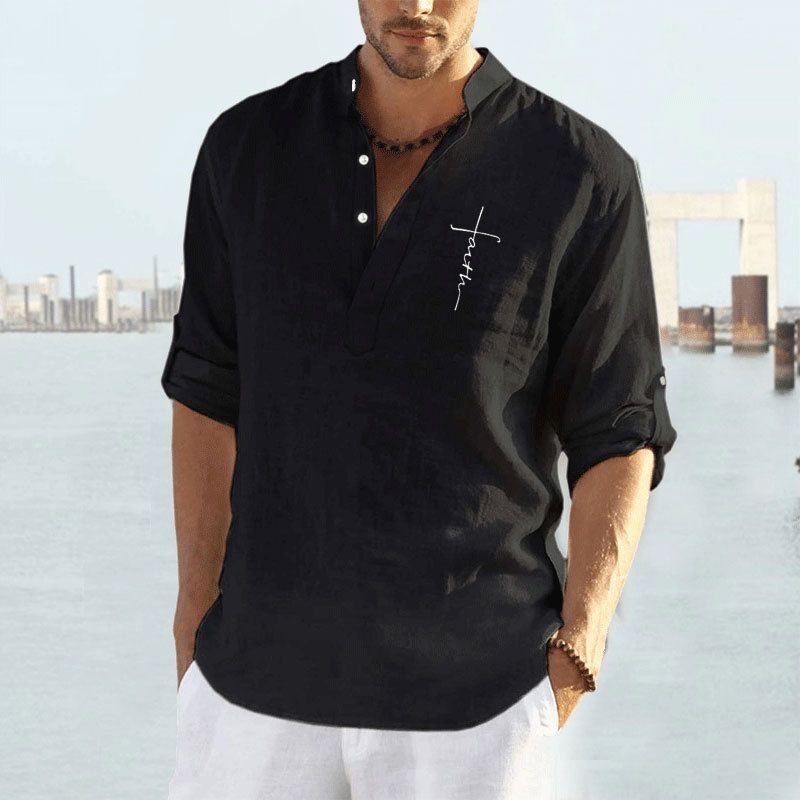 Herren Leinenbluse Kurz Stehkragen Sommer Modern
