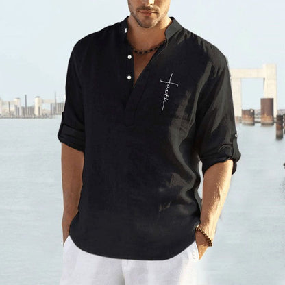 Herren Leinenbluse Kurz Stehkragen Sommer Modern