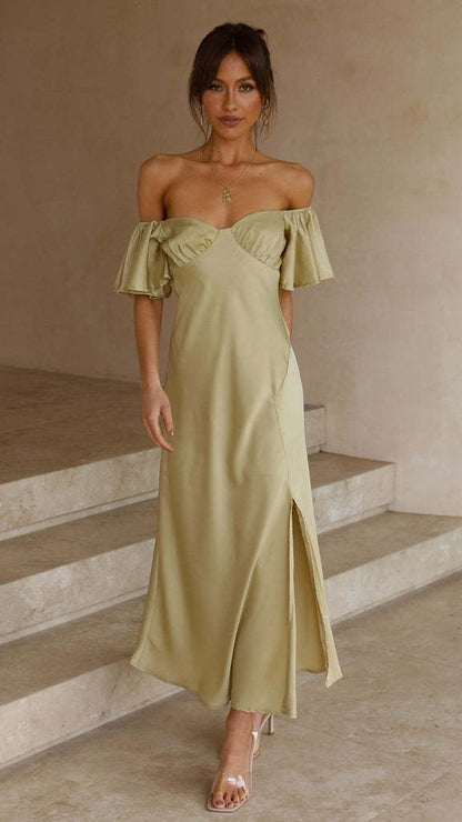 Damen Maxikleid Rüschendetails Schlitz Sommerkleid