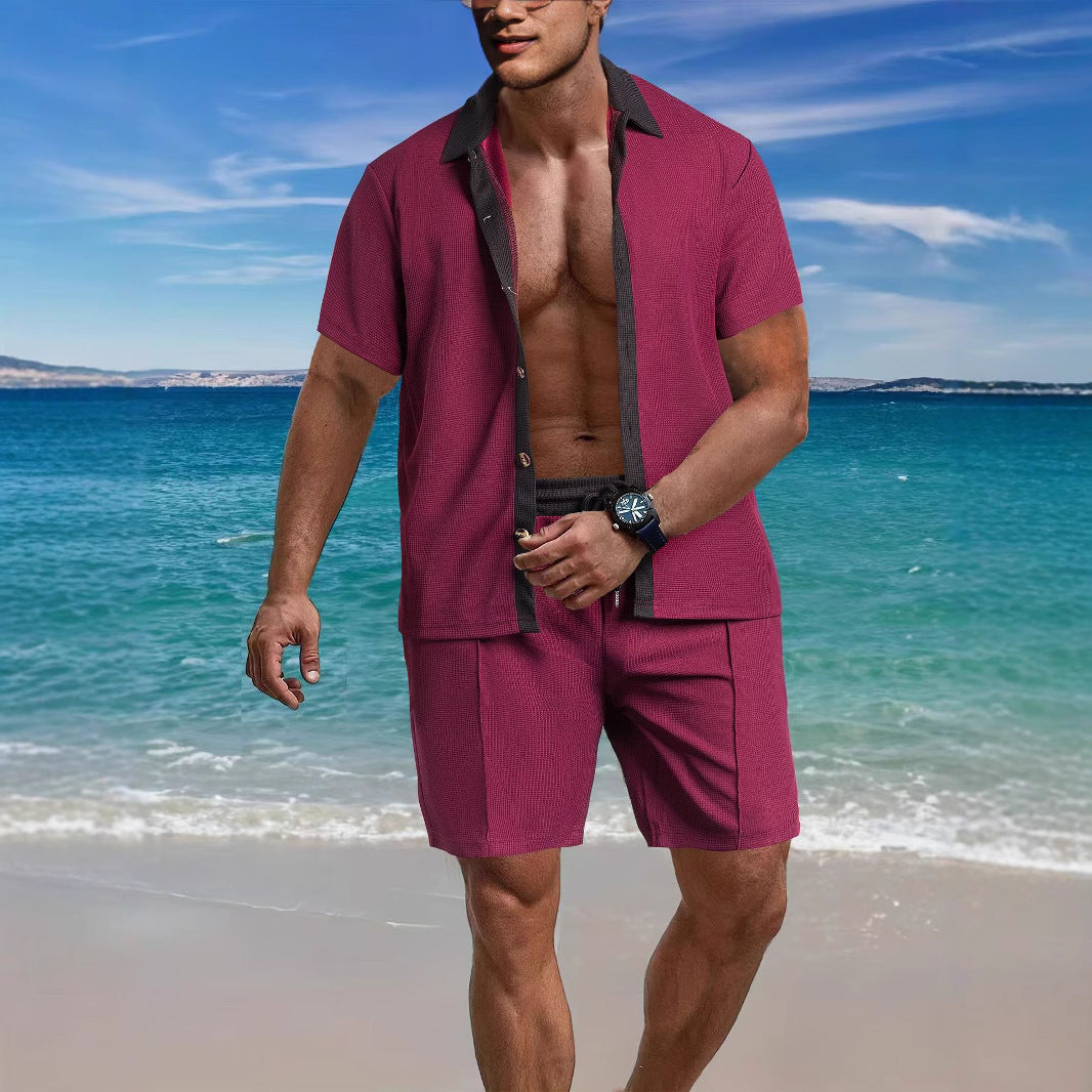 Herren Kurzarmhemd mit Kontrastkragen und passenden Shorts Sommer
