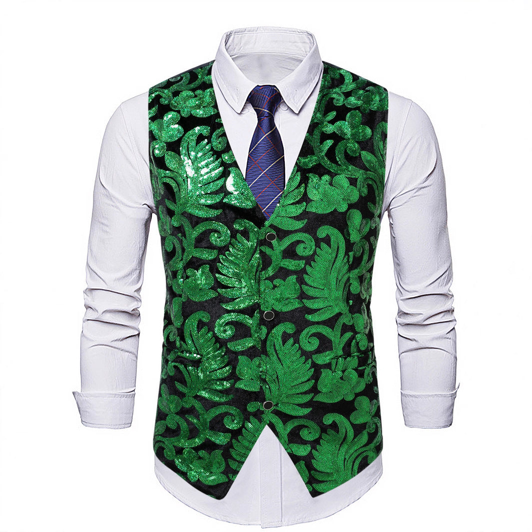 Herren Weste Elegant Pailletten Floralmuster Schwarze Abendweste - BerlinGlamour
