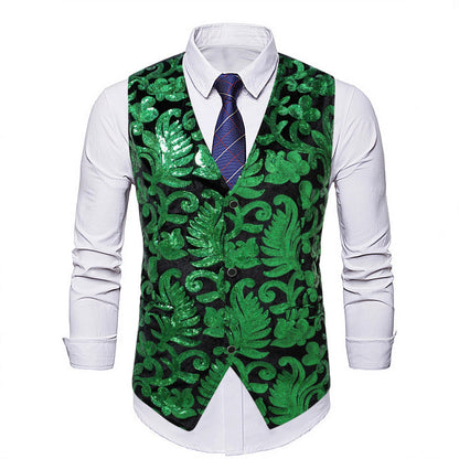 Herren Weste Elegant Pailletten Floralmuster Schwarze Abendweste - BerlinGlamour