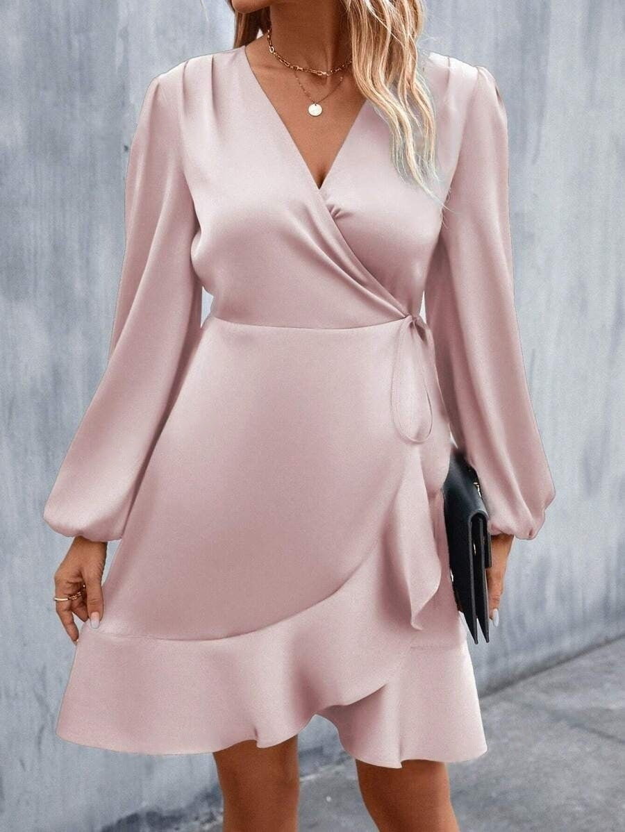 Satin Kleid V-Ausschnitt Lässig Midi Damenkleid Elegant
