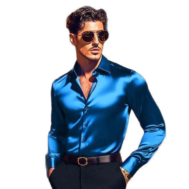 Herren Seidenhemd Langarm Elegant Tailliert Glänzend
