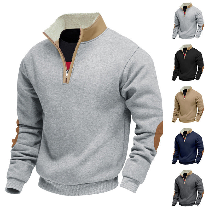 Herren Fleecepullover Modern mit Halb-Reißverschluss und Kontrast Ellenbogen - BerlinGlamour