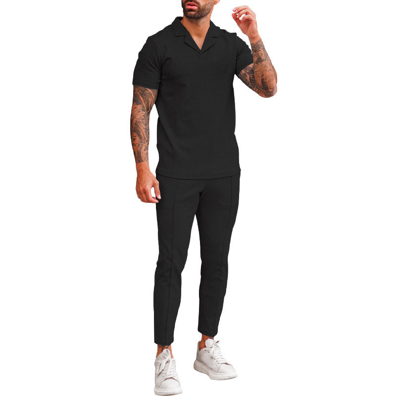 Herren Freizeit Set Kurzarm Polohemd schmale Hose Elegant